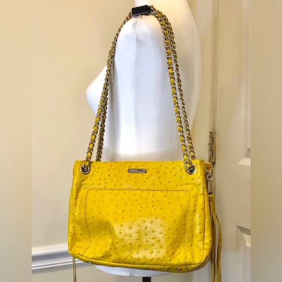 REBECCA MINKOFF Embossed Yellow Ostrich Leather Crossbody Shoulder Bag Clutch - Picture 1 of 17